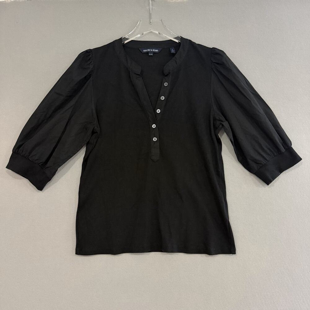 Veronica Beard Coralee Puff Sleeve Top XL Black Ribbed Knit Henley Shirt
